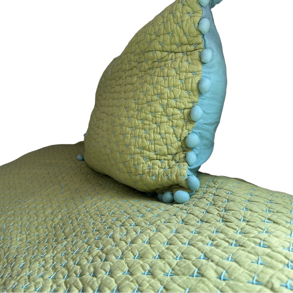 Studio D Green Blue Pom Pom Quilted Blanket Quilt Queen Size